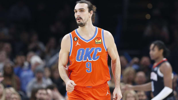 Thunder forward Dario Šarić  runs up the court in a game vs. the Rockets.